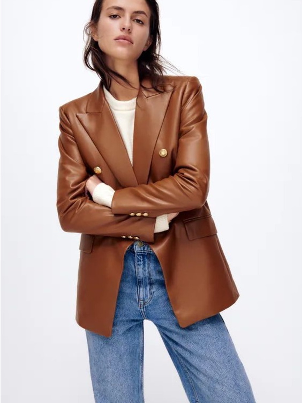 Zara Brown faux leather blazer jacket with gold buttons size xxl
